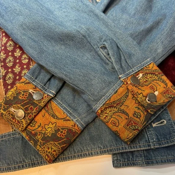 Out Of The Blue J Jill Women's Denim Patchwork Tapestry Lined Jean Jacket Sz XL - Picture 8 of 13